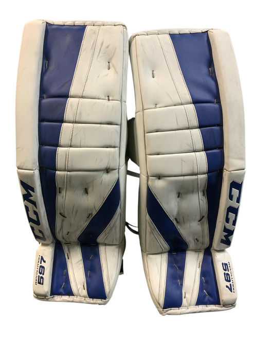 Vist Large View of Product Image Which is Used CCM REVOLUTION 597 34+2 Goalie Leg Pads Senior White And Royal Blue 34"