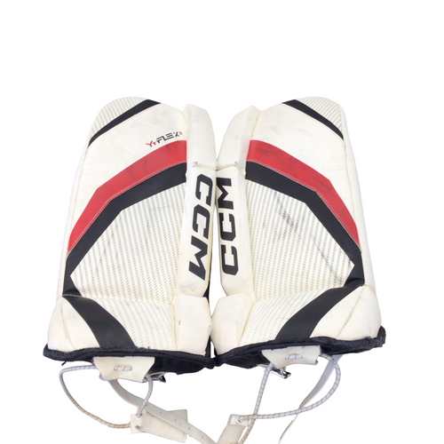 Vist Large View of Product Image Which is Used CCM YT FLEX3 Goalie Leg Pads Youth White 24"