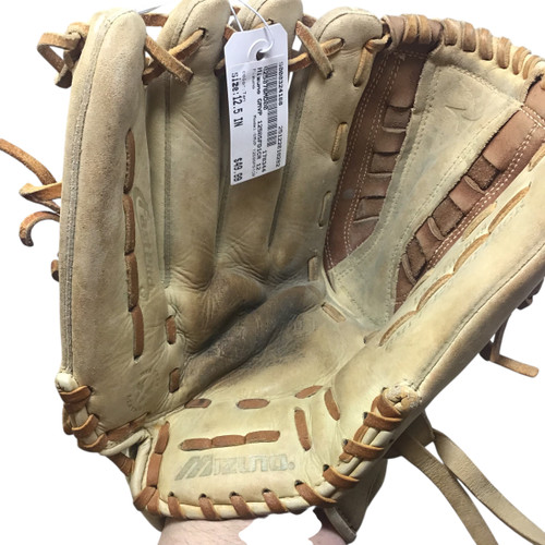 Vist Large View of Product Image Which is Used Mizuno GMVP 1250SFD1CR LH Throw Fastpitch Gloves Tan 12 1/2"