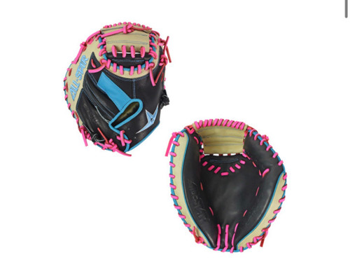 Vist Large View of Product Image Which is New ALL STAR 33IN RHT YOUTH S7 ELITE CATCHER MITT PNK/BLU/BLACK