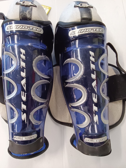 Vist Large View of Product Image Which is Used Easton SLING TEC Senior Shin Guards Navy Blue 13"