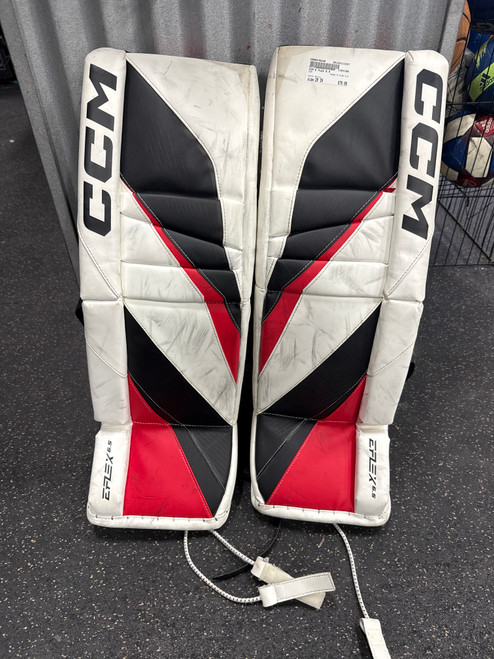 Vist Large View of Product Image Which is Used CCM E FLEX 6.5 Goalie Leg Pads Junior White 29"