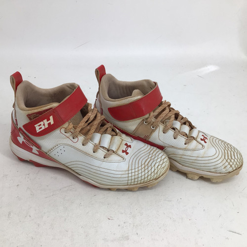 Vist Large View of Product Image Which is Used Under Armour HARPER 7 MID RM BB CLEATS SZ 8.5 BB/SB Cleats White And Red Youth 08.5