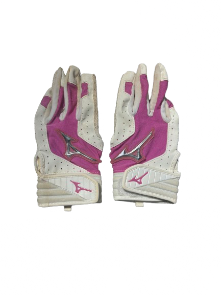 Vist Large View of Product Image Which is Used Mizuno YOUTH BATTING GLOVES SM BB/SB Batting Gloves Pink And White SM