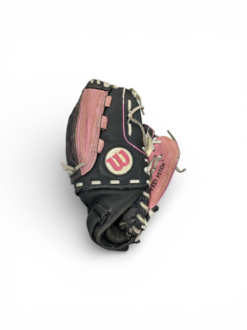 Vist Large View of Product Image Which is Used Wilson A0440 RH Throw Fastpitch Gloves Black 11"