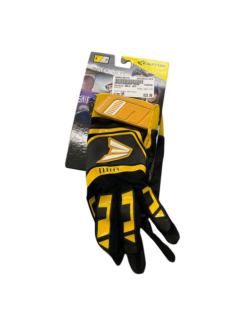 Vist Large View of Product Image Which is Used Easton WALK OFF BB/SB Batting Gloves Black And Gold XL