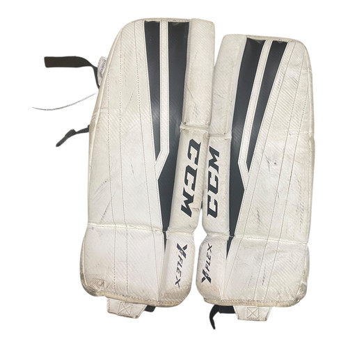Vist Large View of Product Image Which is Used CCM T FLEX Goalie Leg Pads Junior White 22"