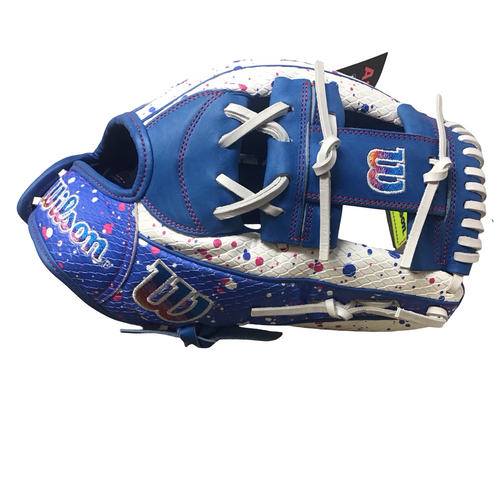 Vist Large View of Product Image Which is Used Wilson A2000 LTM FP12 H12 NEVER USED RH Throw Fastpitch Gloves Royal Blue And White 12"