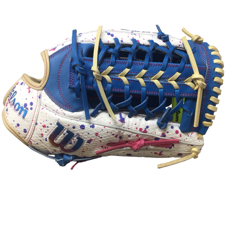 Vist Large View of Product Image Which is Used Wilson A2000 LTM FP T125 RHT NEVER USED RH Throw Fastpitch Gloves Royal Blue And White 12 1/2"