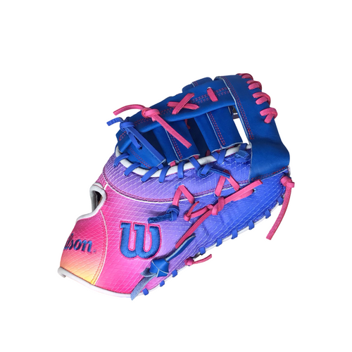 Vist Large View of Product Image Which is Used Wilson A2000 AUTISM SPEAKS 1612 RHT NEVER USED RH Throw Fastpitch Gloves Royal Blue 12"