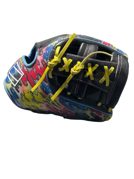 Vist Large View of Product Image Which is Used Rawlings REV 1X BB/SB Glove RH Throw Black/Yellow/Royal 11 1/2"