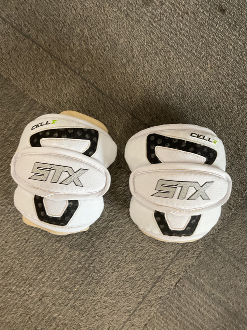 Vist Large View of Product Image Which is Used STX CELL V Lacrosse Arm Pads/Guards White LG