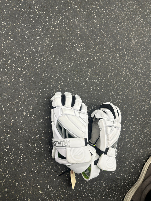 Vist Large View of Product Image Which is Used Maverik MAX Lacrosse Gloves Mens White 12"