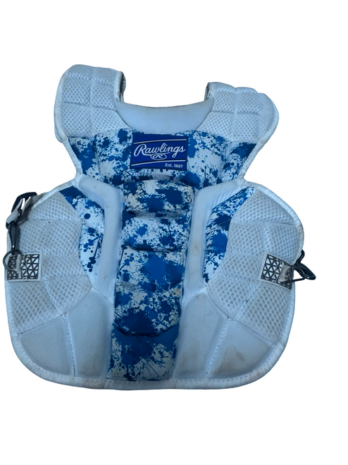 Vist Large View of Product Image Which is Used Rawlings VELO 2.0 CPV2N Intermediate Baseball NOCSAE Catchers Chest Protector White And Royal Blue 15.5"
