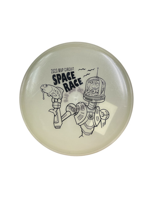 Vist Large View of Product Image Which is Used MVP SPACE RACE Disc Golf Mid Range White