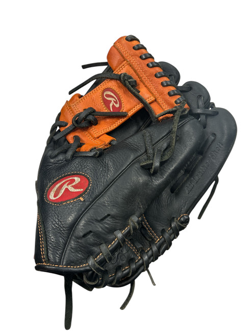 Vist Large View of Product Image Which is Used Rawlings SPL150 RHT GLOVE BB/SB Glove RH Throw Black And Orange 11 1/2"