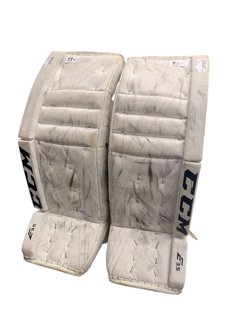 Vist Large View of Product Image Which is Used CCM E3.5 Goalie Leg Pads Senior White 33+1”