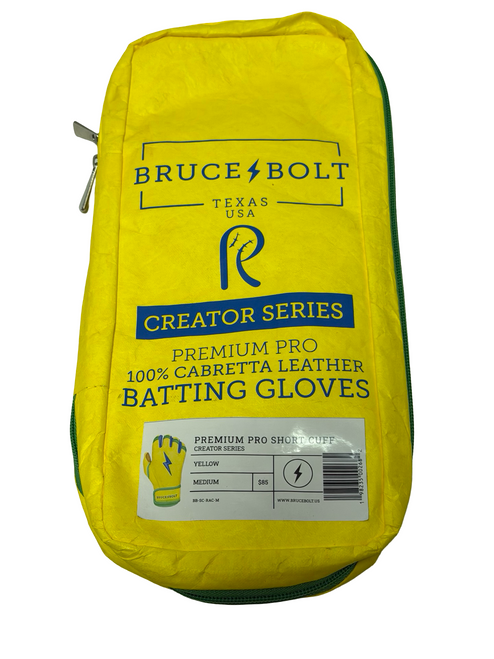 Vist Large View of Product Image Which is New BRUCE BOLT CREATOR SERIES Premium Pro Short Cuff Adult Baseball Batting Gloves Yellow MD