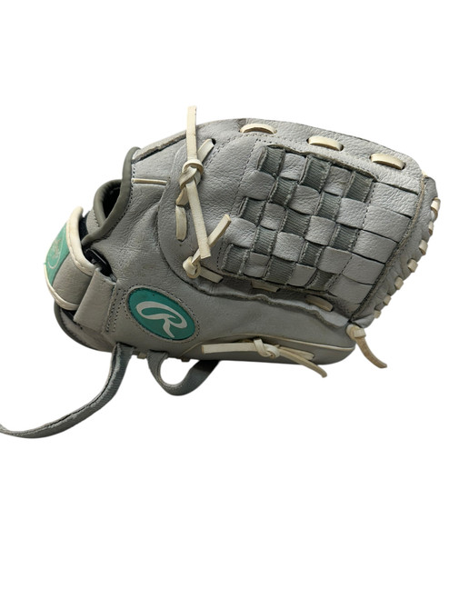 Vist Large View of Product Image Which is Used Rawlings SCSB110M RH Throw Fastpitch Gloves Grey And White 11"