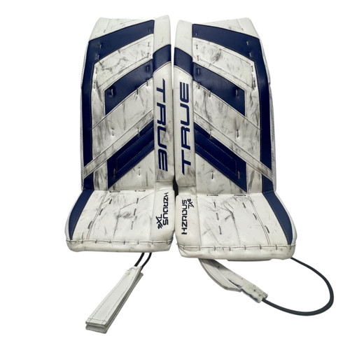 Vist Large View of Product Image Which is Used True HZRDUX 7X Goalie Leg Pads Inter White And Royal Blue 31"