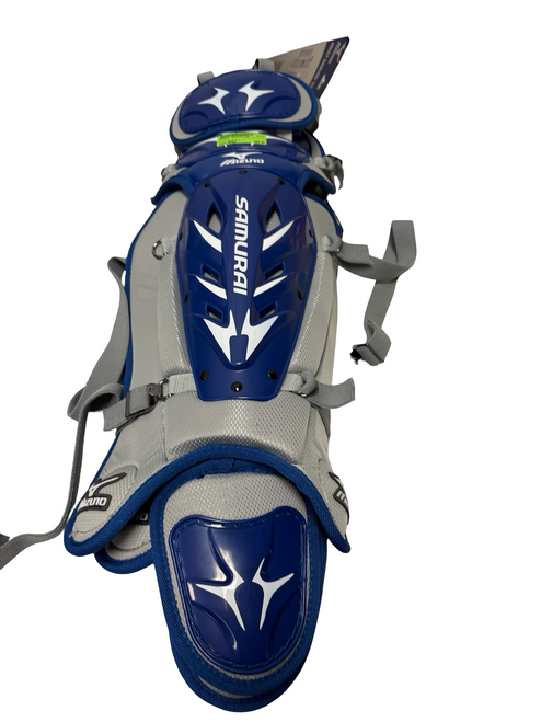 Vist Large View of Product Image Which is New Mizuno SAMURAI G3 Adult Baseball Catchers Leg Guards Royal Blue