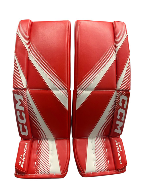 Vist Large View of Product Image Which is Used CCM PHENOM Goalie Leg Pads Junior Red/White 28+1”