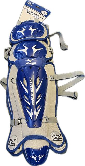 Vist Large View of Product Image Which is Used Mizuno SAMURAI Catchers Leg Guards Royal Blue Adult