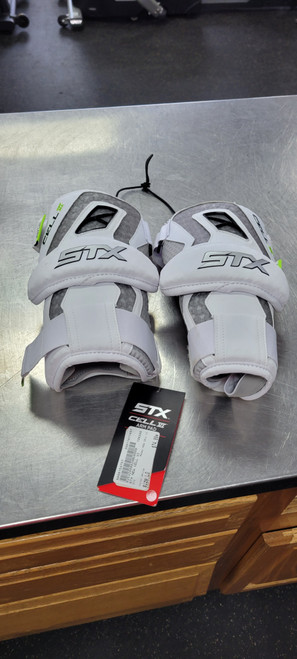 Vist Large View of Product Image Which is STX NEW CELL VI Lacrosse Arm Pads/Guards White LG
