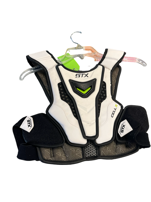 Vist Large View of Product Image Which is Used STX CELL IV Lacrosse Shoulder Pads White LG