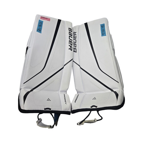 Vist Large View of Product Image Which is Used Bauer GSX LEG PADS 24+ YTH LG Goalie Leg Pads Youth White 24"