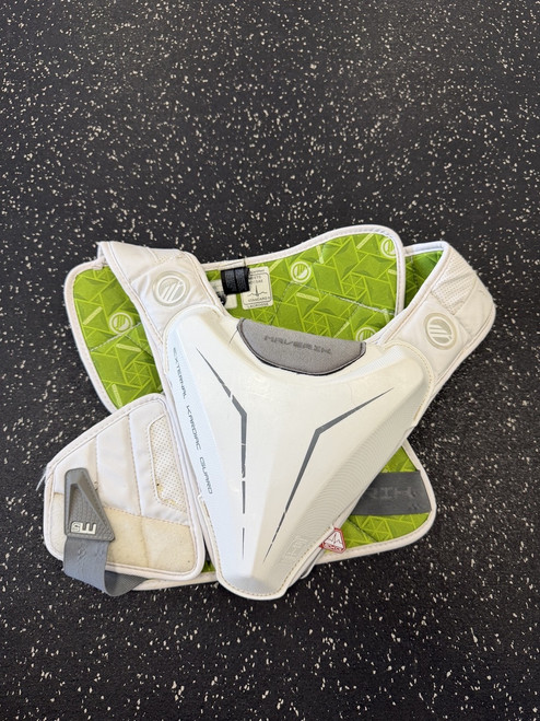 Vist Large View of Product Image Which is Used Maverik CHARGER EKG Lacrosse Shoulder Pads White LG