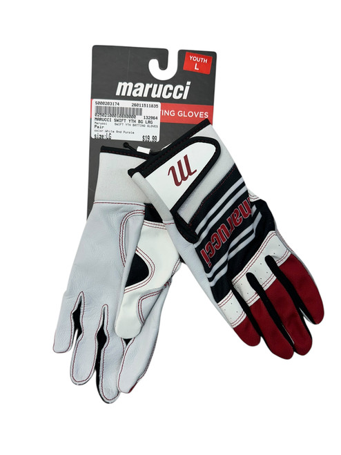 Vist Large View of Product Image Which is New Marucci SWIFT YTH BATTING GLOVES BB/SB Batting Gloves White And Purple LG