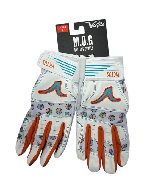 Vist Large View of Product Image Which is New Victus MOG BB/SB Batting Gloves White And Orange MD Tall