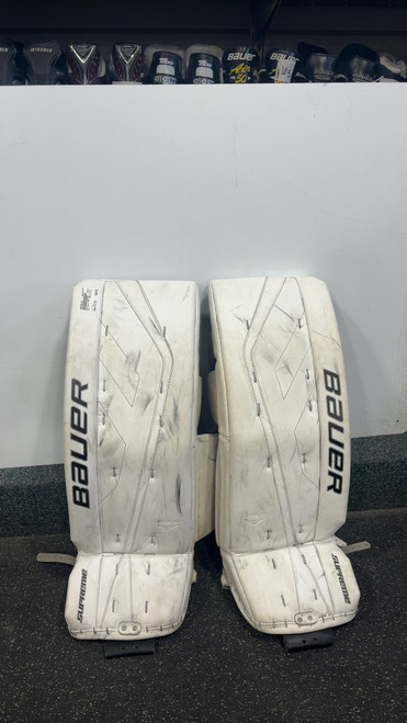 Vist Large View of Product Image Which is Used Bauer SUP ONE.9 Goalie Leg Pads Junior White 31 1/2"