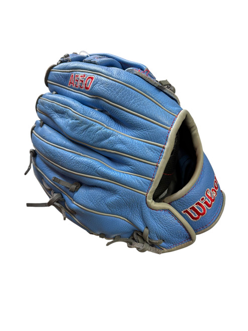 Vist Large View of Product Image Which is Used Wilson A550 BB/SB Glove RH Throw Royal Blue 12"