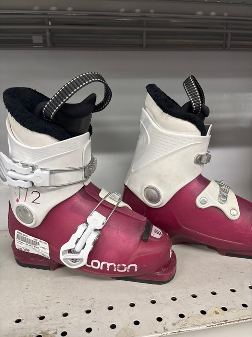 Vist Large View of Product Image Which is Used Salomon JR SKI BOOT Girls DH Ski Boot White 245 MP - M06.5 - W07.5