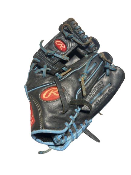 Vist Large View of Product Image Which is Used Rawlings SELECT SERIES RHT 11.5 IN BB/SB Glove RH Throw Black And Carolina Blue 11 1/2"