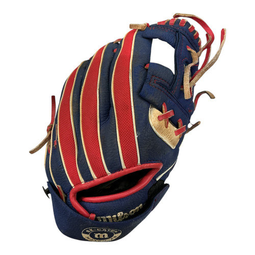 Vist Large View of Product Image Which is Used Wilson A200 BB/SB Glove T-ball Navy Blue And Red 10"