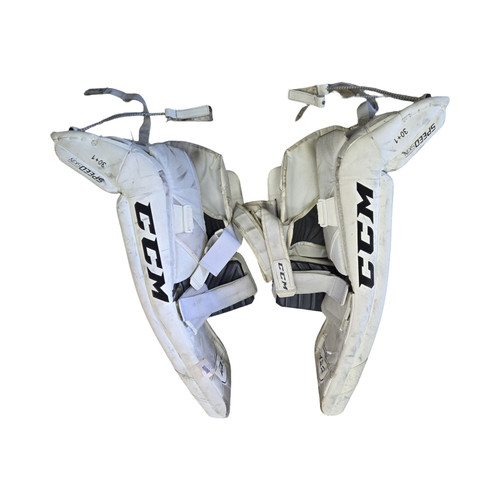 Vist Large View of Product Image Which is Used CCM AXIS 1.9 Goalie Leg Pads Senior White 30"