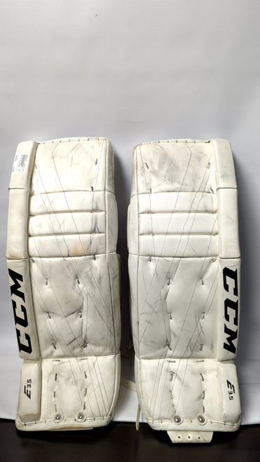 Vist Large View of Product Image Which is Used CCM E3.5 JR LEG PADS Goalie Leg Pads Junior White 28"