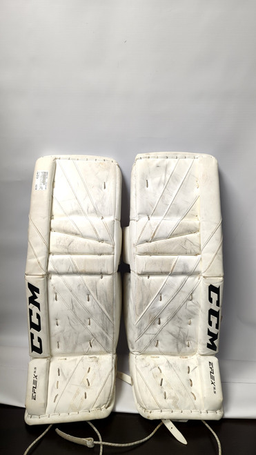 Vist Large View of Product Image Which is Used CCM EFLEX 5.5 JR LEG PADS Goalie Leg Pads Junior White 28"
