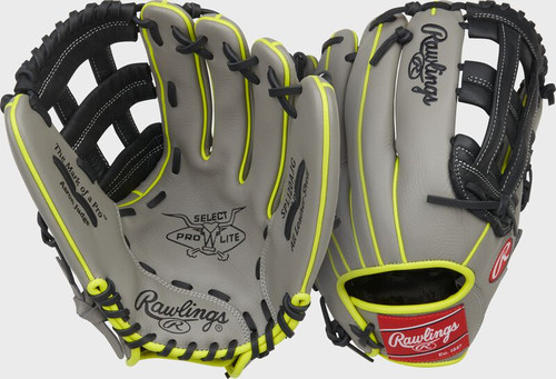Vist Large View of Product Image Which is New Rawlings SELECT PRO LITE SERIES AARON JUDGE BB/SB Glove RH Throw Grey And Black 12"