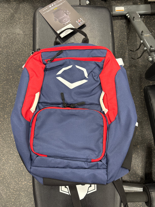 Vist Large View of Product Image Which is Used Evoshield EVO SRZ-1 BACKPACK BB/SB Player Backpack White/Red/Navy