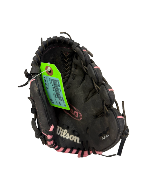 Vist Large View of Product Image Which is Used Wilson A150 T-Ball Glove RH Throw Black / Pink 10"