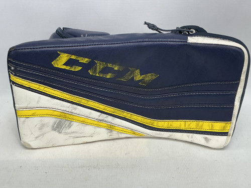 Vist Large View of Product Image Which is Used CCM PREMIER Senior Goalie Blocker Navy Blue And Yellow