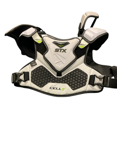 Vist Large View of Product Image Which is Used STX CELL V Lacrosse Shoulder Pads White LG