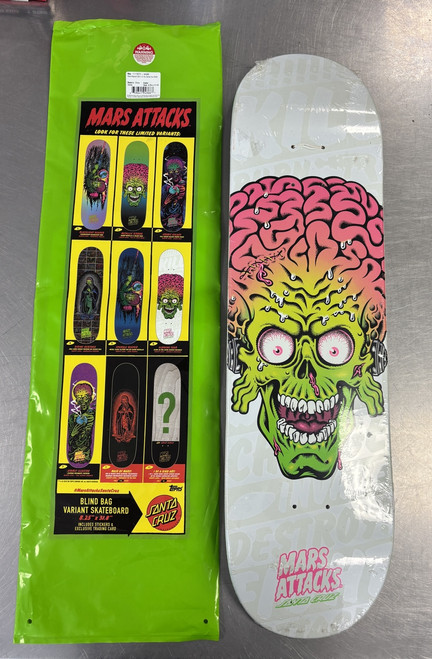 Vist Large View of Product Image Which is New in plastic Santa Cruz Mars Attacks Glowing Fear Skateboard Deck. Comes with original blind bag. Glows in the dark! Hang it on a wall or be the freshest skater on the streets.