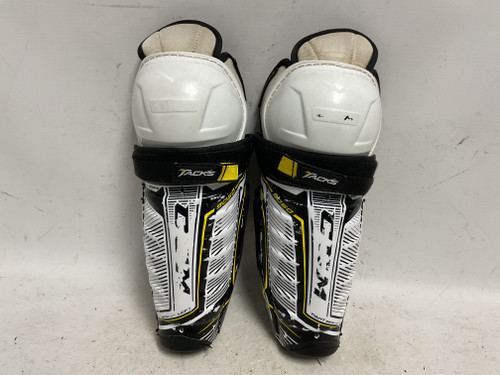Vist Large View of Product Image Which is Used CCM TACKS 9060 Junior Shin Guards White/Black/Yellow 11"