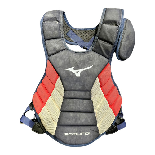 Vist Large View of Product Image Which is Used Mizuno SAMURAI Catchers Chest Protector White/Red/Navy Adult
