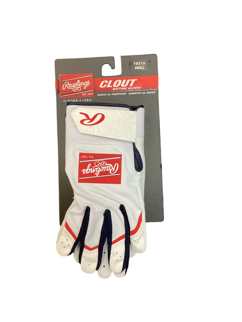 Vist Large View of Product Image Which is New Rawlings CLOUT BB/SB Batting Gloves White/Red/Navy SM